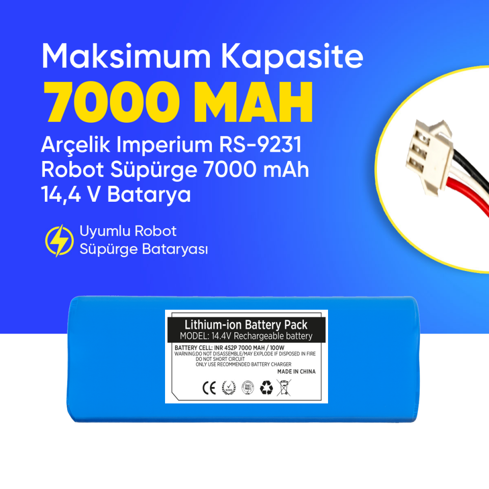 Arçelik Imperium RS-9231 Robot Süpürge 7000 mAh  14,4 V Batarya – Orjinal Uyumlu Uzun Ömürlü, Yüksek Performans Pil