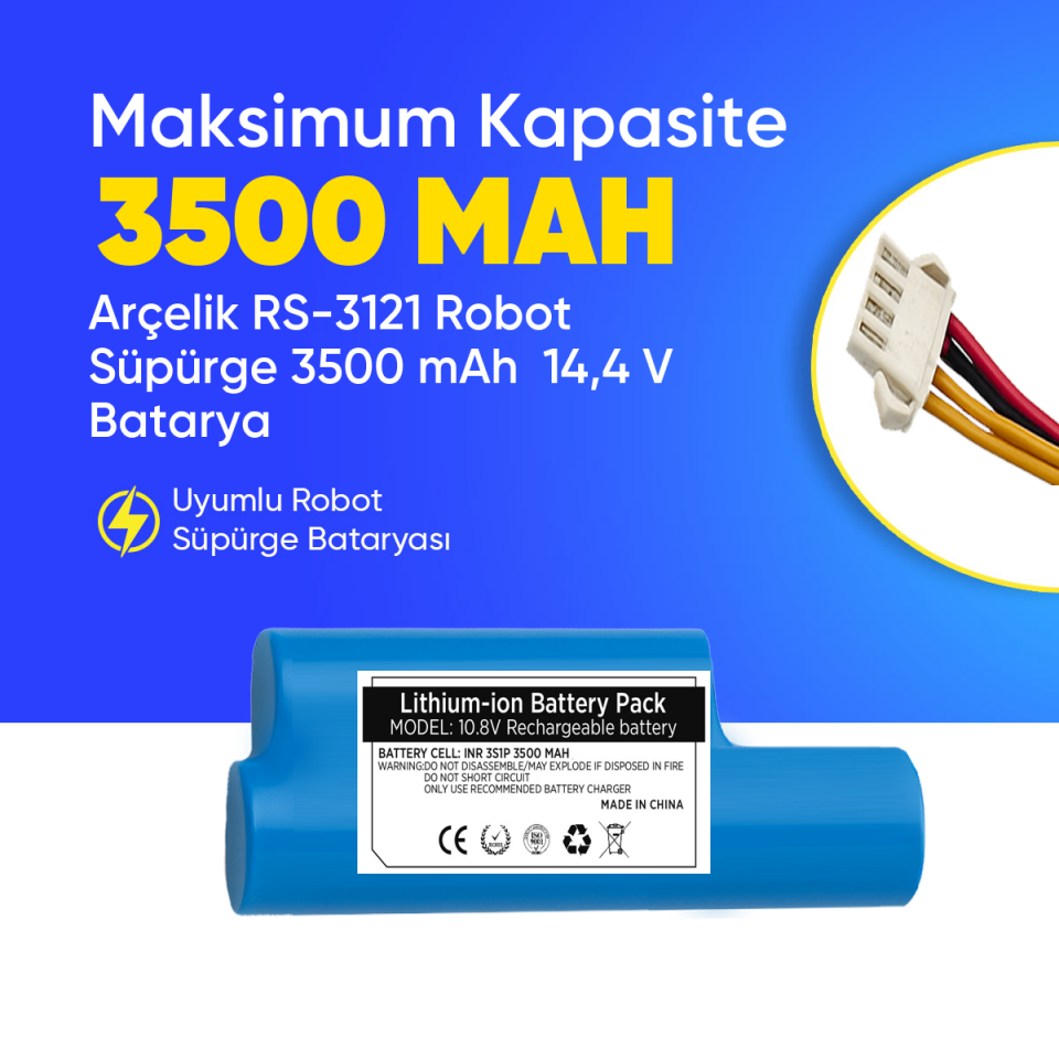 Arçelik RS-3121 Robot Süpürge 3500 mAh  14,4 V Batarya – Orjinal Uyumlu Uzun Ömürlü, Yüksek Performans Pil