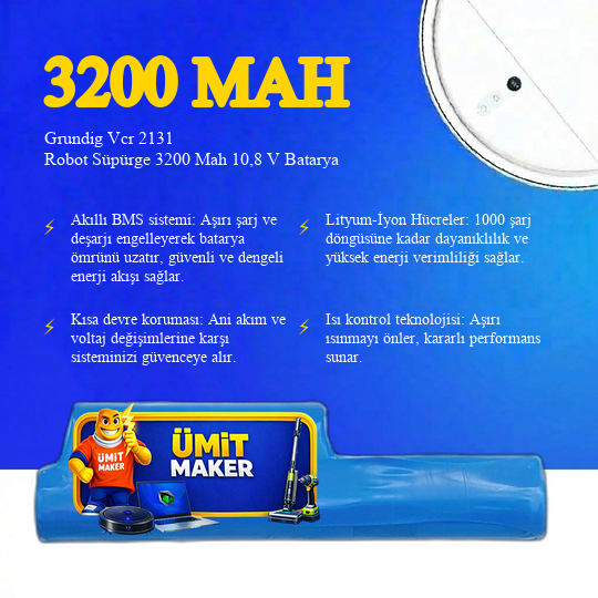 Grundig Vcr 2131 Robot Süpürge 3200 Mah 10,8 V Batarya – Orjinal Uyumlu Uzun Ömürlü, Yüksek Performans Pil