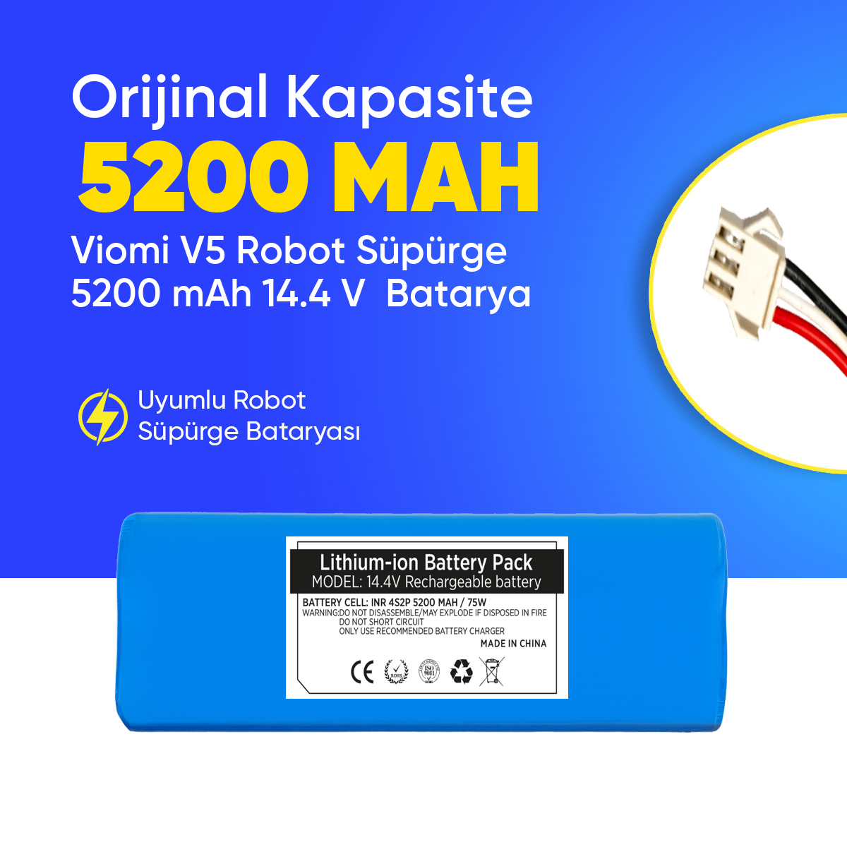 Viomi V5 Robot Süpürge 5200 mAh 14.4 V  Batarya – Orjinal Uyumlu Uzun Ömürlü, Yüksek Performans Pil
