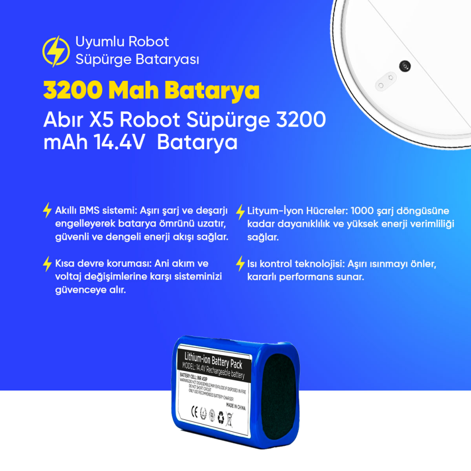 Abır X5 Robot Süpürge 3200 mAh 14.4V  Batarya – Orjinal Uyumlu Uzun Ömürlü, Yüksek Performans Pil