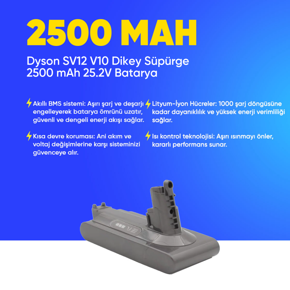 Dyson SV12 V10 Dikey Süpürge 2500 mAh 25.2 V  Batarya – Orjinal Uyumlu Uzun Ömürlü, Yüksek Performans Pil