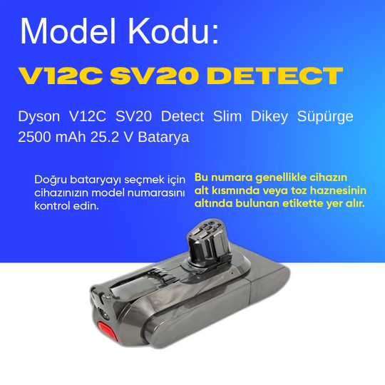 Dyson V12C SV20 Detect Slim Dikey Süpürge 2500 mAh 25.2 V  Batarya – Orjinal Uyumlu Uzun Ömürlü, Yüksek Performans Pil