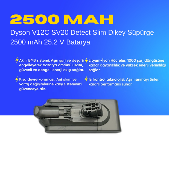 Dyson V12C SV20 Detect Slim Dikey Süpürge 2500 mAh 25.2 V  Batarya – Orjinal Uyumlu Uzun Ömürlü, Yüksek Performans Pil