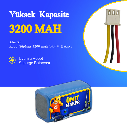 Abır X8 Robot Süpürge 3200 mAh 14.4 V  Batarya – Orjinal Uyumlu Uzun Ömürlü, Yüksek Performans Pil