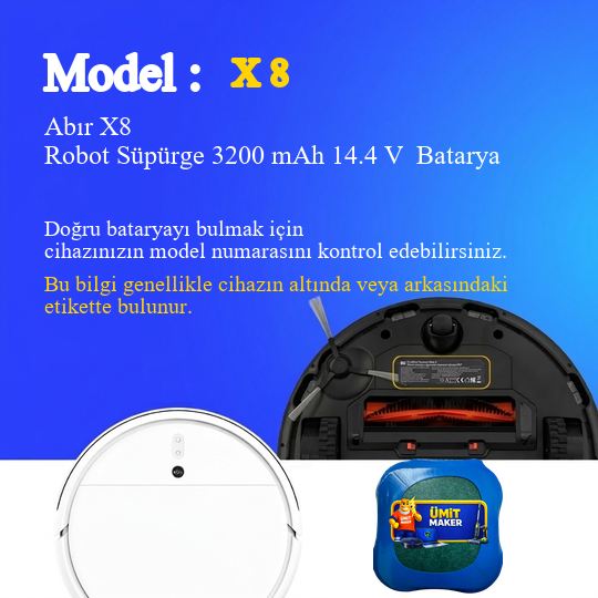 Abır X8 Robot Süpürge 3200 mAh 14.4 V  Batarya – Orjinal Uyumlu Uzun Ömürlü, Yüksek Performans Pil