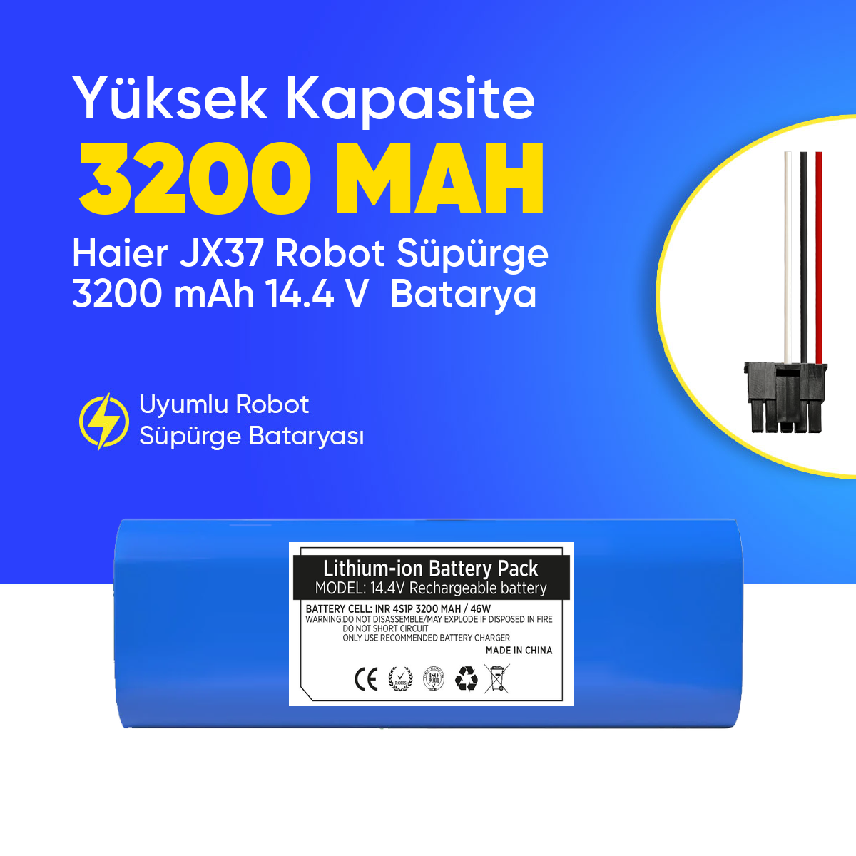 Haier JX37 Robot Süpürge 3200 mAh 14.4 V  Batarya – Orjinal Uyumlu Uzun Ömürlü, Yüksek Performans Pil