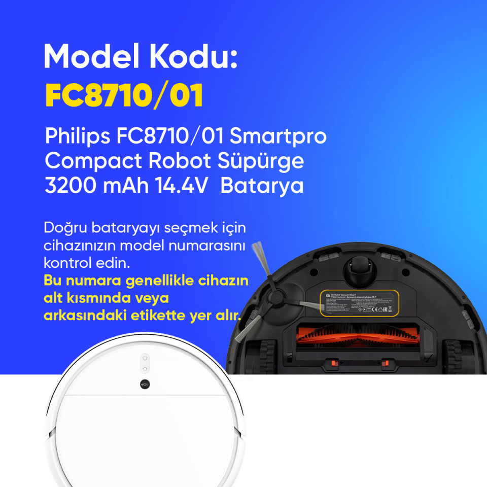 Philips FC8710/01 Smartpro Compact Robot Süpürge 3200 mAh 14.4V  Batarya – Orjinal Uyumlu Uzun Ömürlü, Yüksek Performans Pil