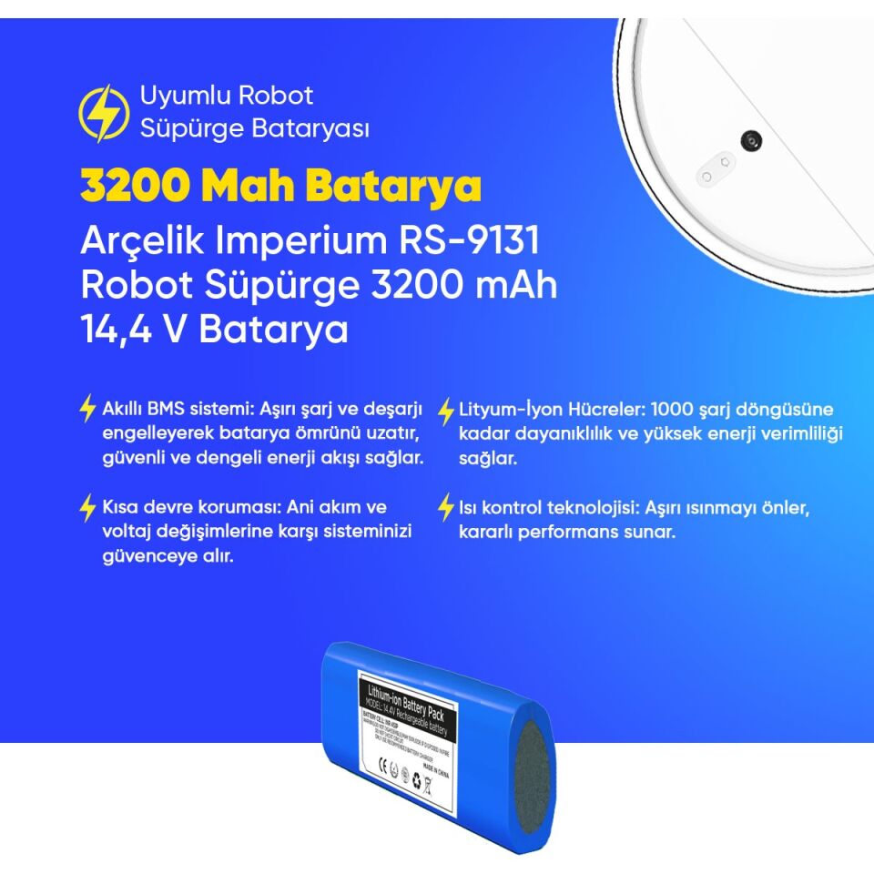 Arçelik Imperium Rs - 9131 Robot Süpürge 3200 Mah Batarya