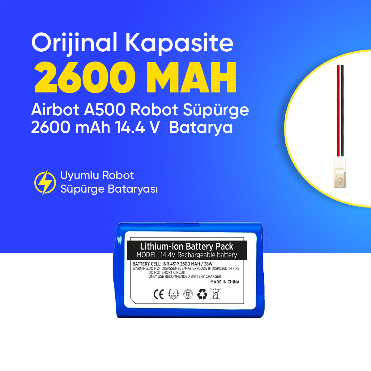 Airbot A500 Robot Süpürge 2600 mAh 14.4 V  Batarya – Orjinal Uyumlu Uzun Ömürlü, Yüksek Performans Pil