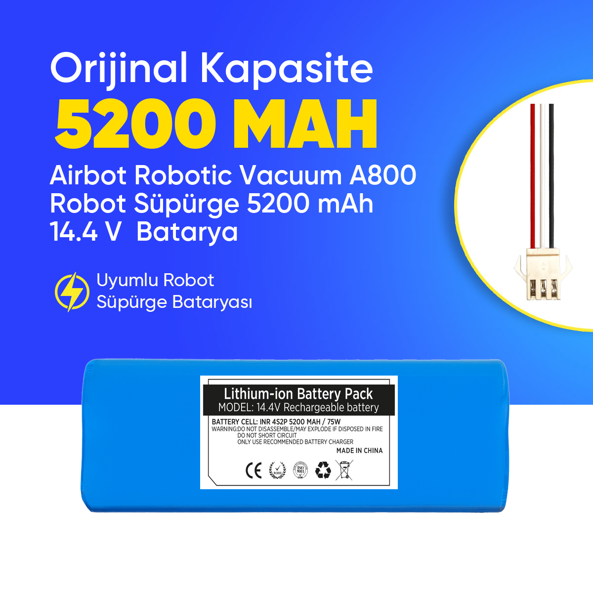Airbot Robotic Vacuum A800 Robot Süpürge 5200 mAh 14.4 V  Batarya – Orjinal Uyumlu Uzun Ömürlü, Yüksek Performans Pil