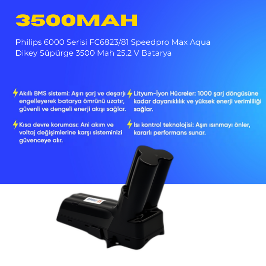 Philips 6000 Serisi FC6823/81 Speedpro Max Aqua Dikey Süpürge 3500 Mah 25.2 V Batarya – Orjinal Uyumlu Uzun Ömürlü, Maksimum Performans Pil
