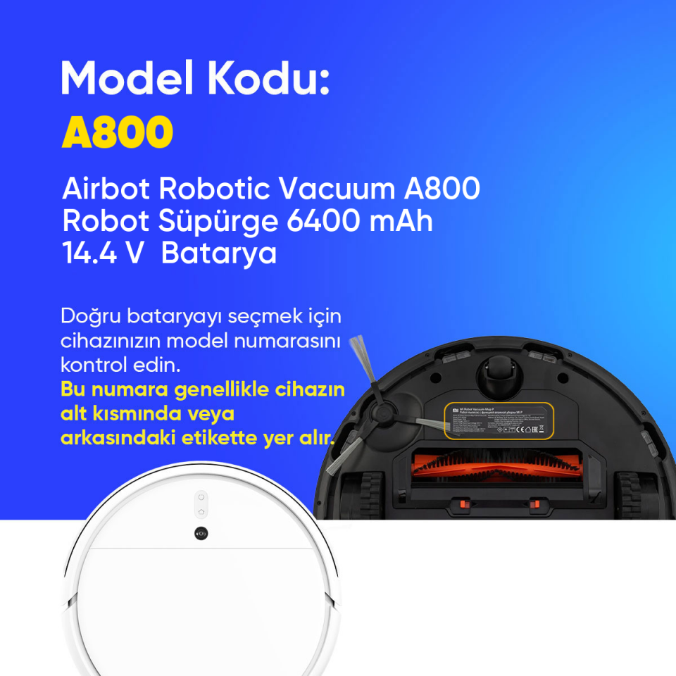 Airbot Robotic Vacuum A800 Robot Süpürge 6400 mAh 14.4 V  Batarya – Orjinal Uyumlu Uzun Ömürlü, Yüksek Performans Pil