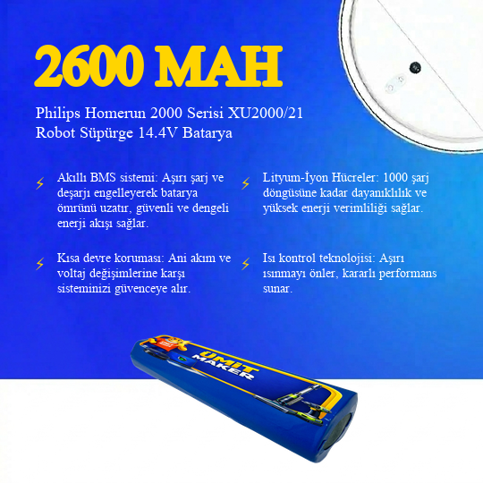 Philips Homerun 2000 Serisi XU2000/21 Robot Süpürge 2600 mAh Batarya