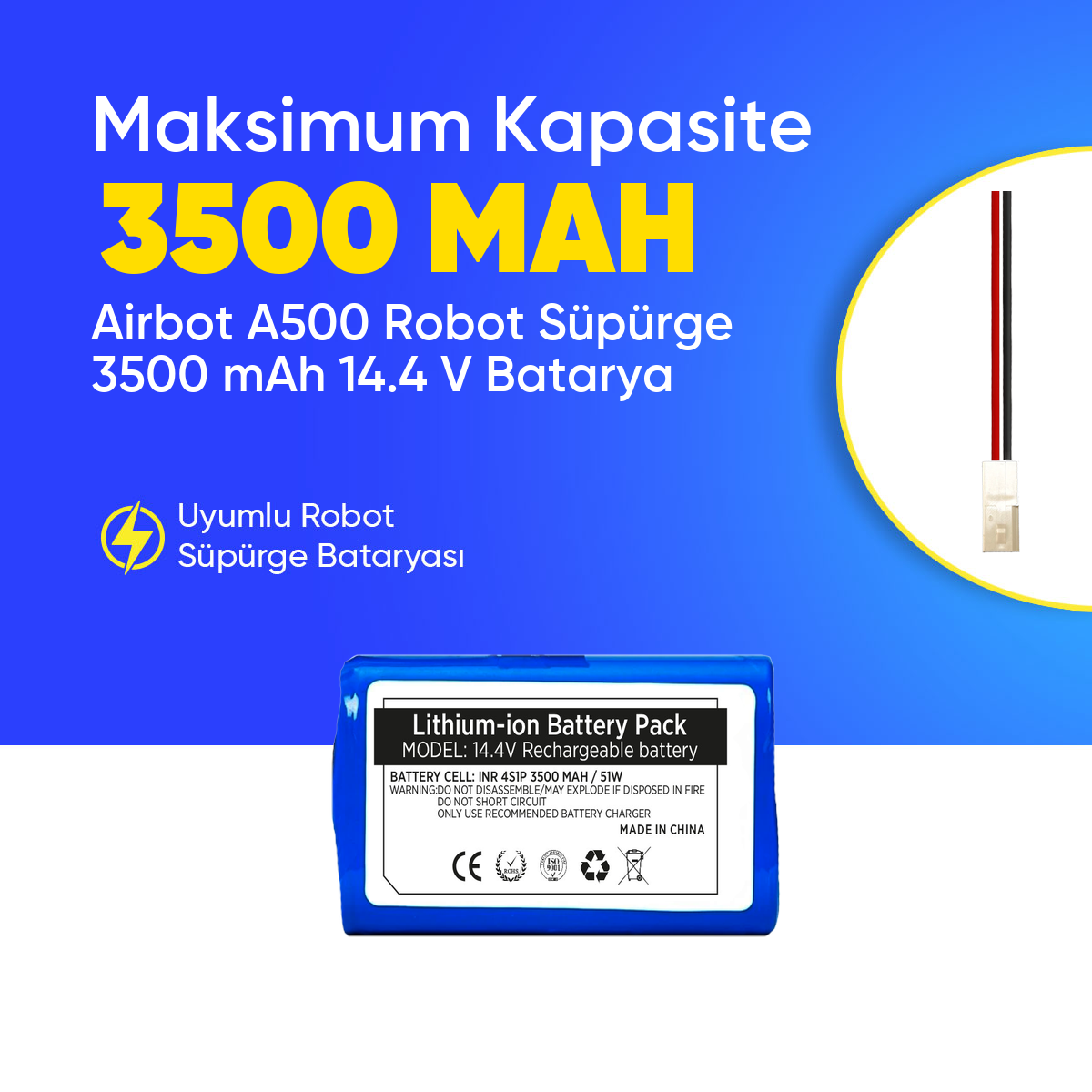 Airbot A500 Robot Süpürge 3500 mAh 14.4 V  Batarya – Orjinal Uyumlu Uzun Ömürlü, Yüksek Performans Pil