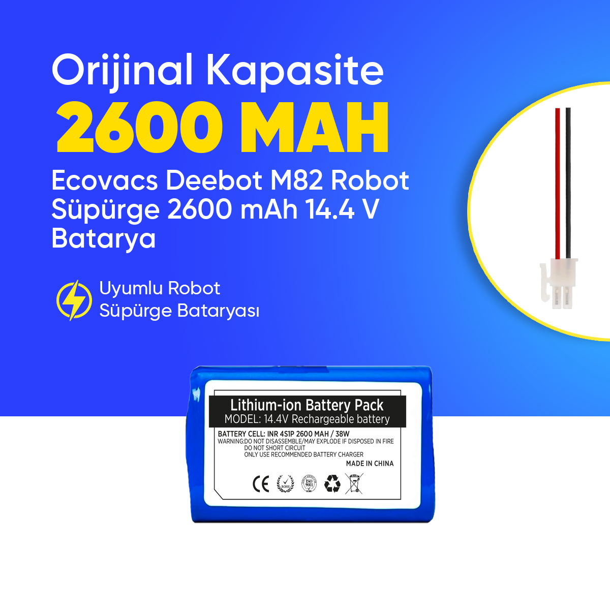 Ecovacs Deebot M82 Robot Süpürge 2600 mAh 14.4 V  Batarya – Orjinal Uyumlu Uzun Ömürlü, Yüksek Performans Pil
