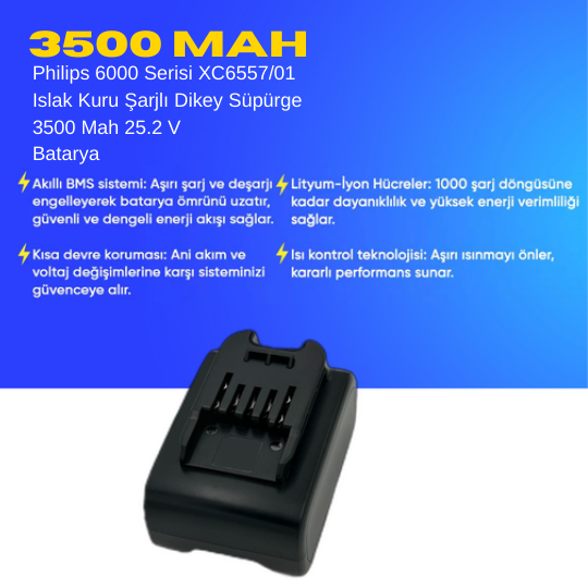 Philips 6000 Serisi XC6557/01 Islak Kuru Şarjlı Dikey Süpürge 3500 Mah 25.2 V Batarya – Orjinal Uyumlu Uzun Ömürlü, Maksimum Performans Pil