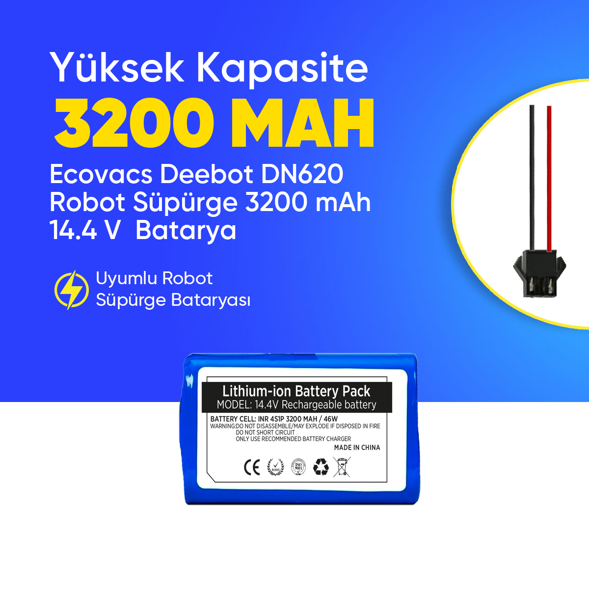 Ecovacs Deebot DN620 Robot Süpürge 3200 mAh 14.4 V  Batarya – Orjinal Uyumlu Uzun Ömürlü, Yüksek Performans Pil