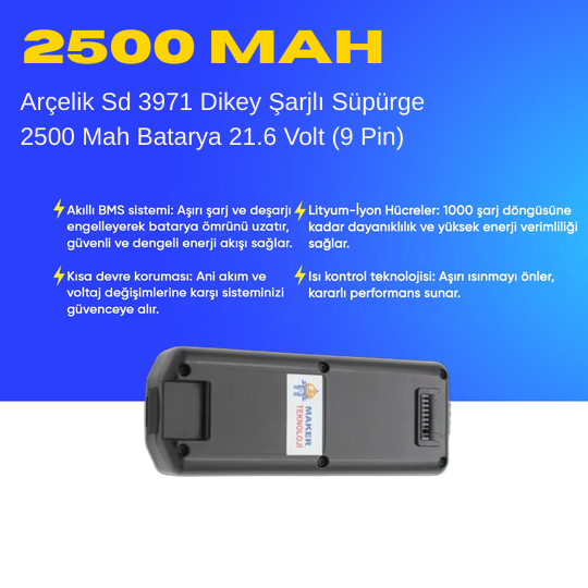Arçelik Sd 3971 Dikey Şarjlı Süpürge 2500 Mah Batarya 21.6 Volt (9 Pin) – Orjinal Uyumlu Uzun Ömürlü, Yüksek Performans Pil