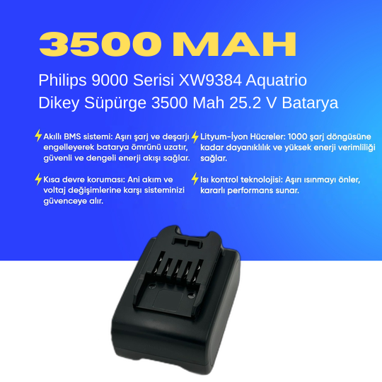 Philips 9000 Serisi XW9384 Aquatrio Dikey Süpürge 3500 Mah 25.2 V Batarya – Orjinal Uyumlu Uzun Ömürlü, Maksimum Performans Pil