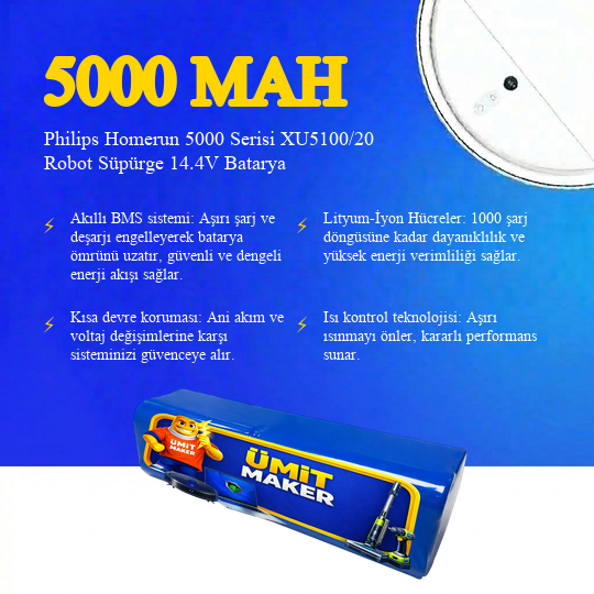 Philips Homerun 5000 Serisi XU5100/20 Robot Süpürge 5000 mAh Batarya