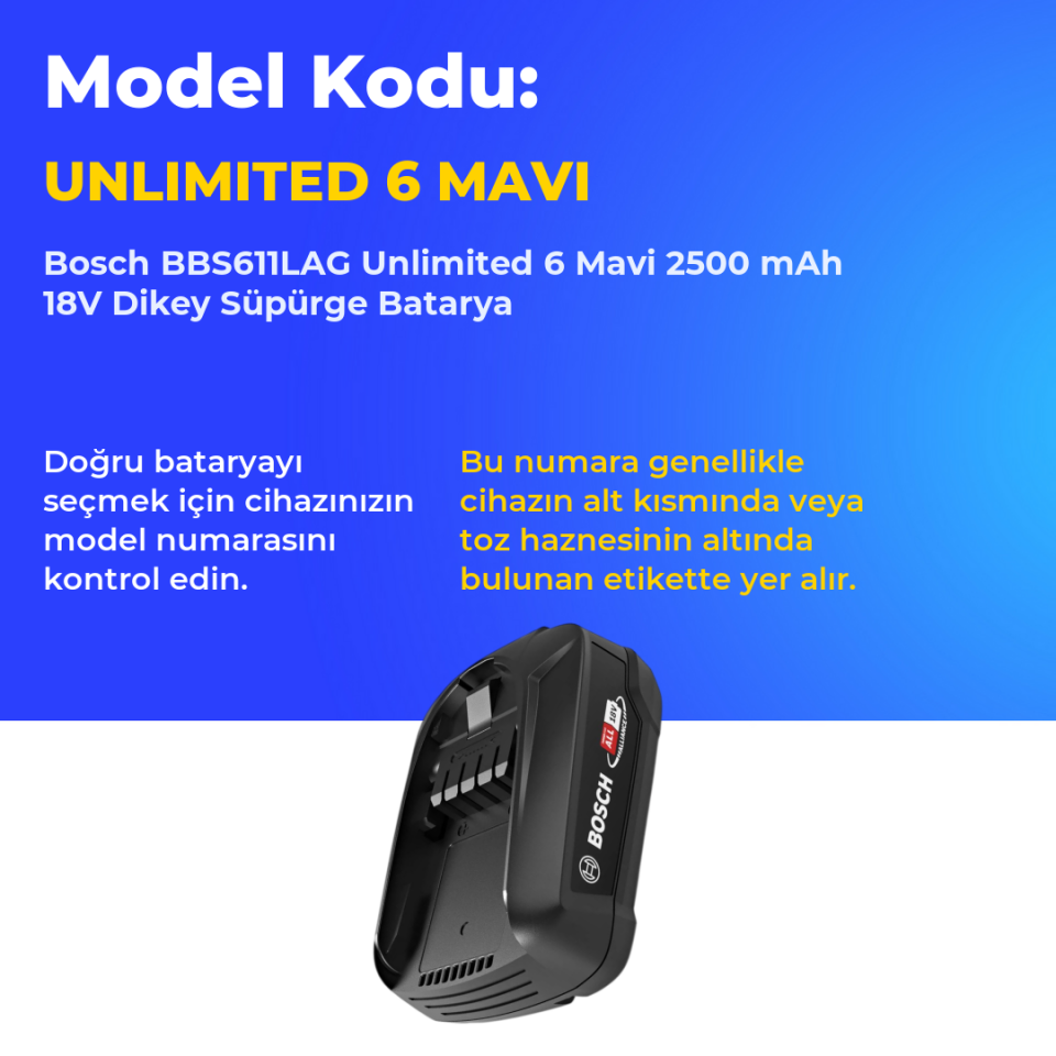 Bosch BBS611LAG Unlimited 6 Mavi 2500 mAh 18V Dikey Süpürge Batarya