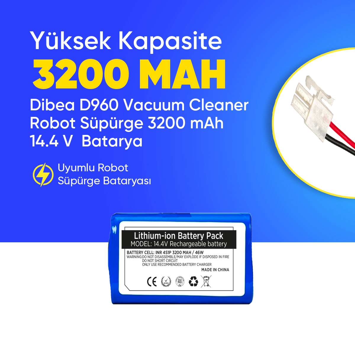 Dibea D960 Vacuum Cleaner Robot Süpürge 3200 mAh 14.4 V  Batarya – Orjinal Uyumlu Uzun Ömürlü, Yüksek Performans Pil