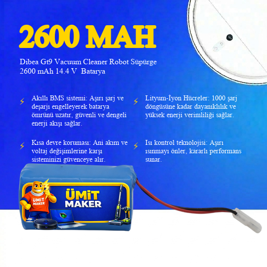 Dibea Gt9 Vacuum Cleaner Robot Süpürge 2600 mAh 14.4 V  Batarya – Orjinal Uyumlu Uzun Ömürlü, Yüksek Performans Pil