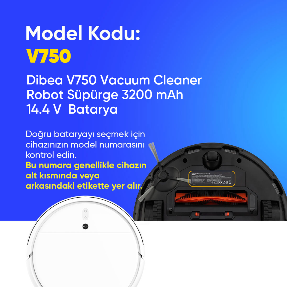 Dibea V750 Vacuum Cleaner Robot Süpürge 3200 mAh 14.4 V  Batarya – Orjinal Uyumlu Uzun Ömürlü, Yüksek Performans Pil