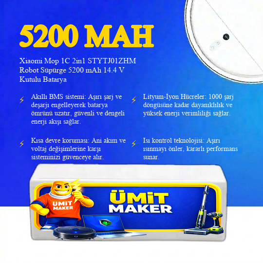 Xiaomi Mop 1C 2in1 STYTJ01ZHM Robot Süpürge 5200 mAh 14.4 V Kutulu Batarya – Orjinal Uyumlu Uzun Ömürlü, Yüksek Performans Pil
