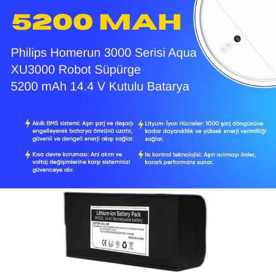 Philips Homerun 3000 Serisi Aqua XU 3000 Serisi Robot Süpürge 5200 mAh 14.4 V Kutulu Batarya – Orjinal Uyumlu Uzun Ömürlü, Yüksek Performans Pil