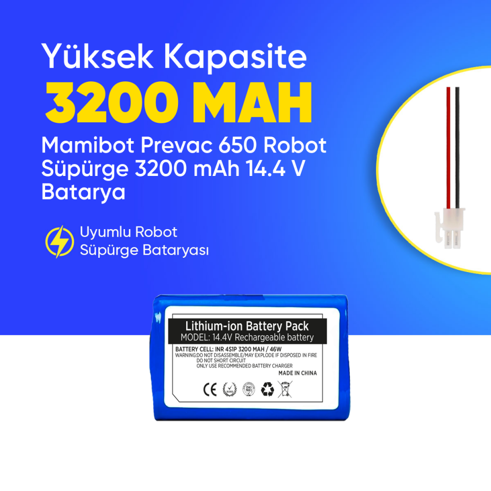 Mamibot Prevac 650 Robot Süpürge 3200 mAh 14.4 V  Batarya – Orjinal Uyumlu Uzun Ömürlü, Yüksek Performans Pil