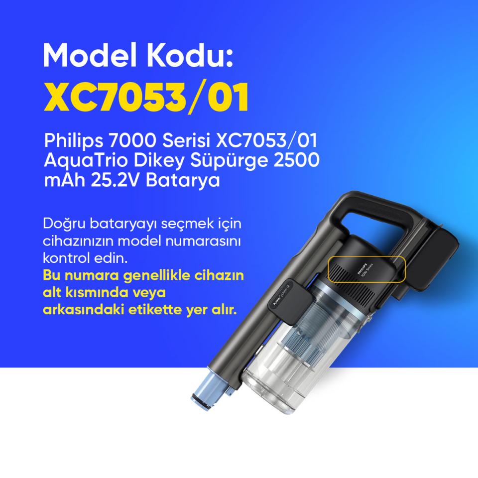 Philips 7000 Serisi XC7053/01 AquaTrio Dikey Süpürge 2500 mAh 25.2 V  Batarya – Orjinal Uyumlu Uzun Ömürlü, Yüksek Performans Pil