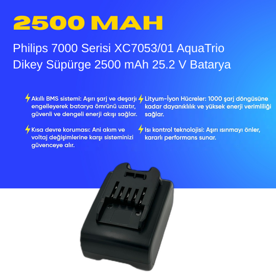 Philips 7000 Serisi XC7053/01 AquaTrio Dikey Süpürge 2500 mAh 25.2 V  Batarya – Orjinal Uyumlu Uzun Ömürlü, Yüksek Performans Pil