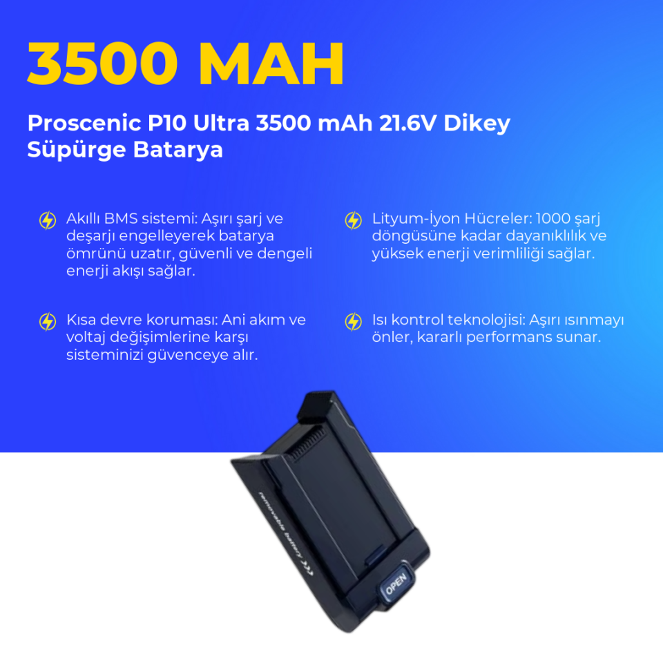 Proscenic P10 Ultra 3500 mAh 21.6V Dikey Süpürge Batarya