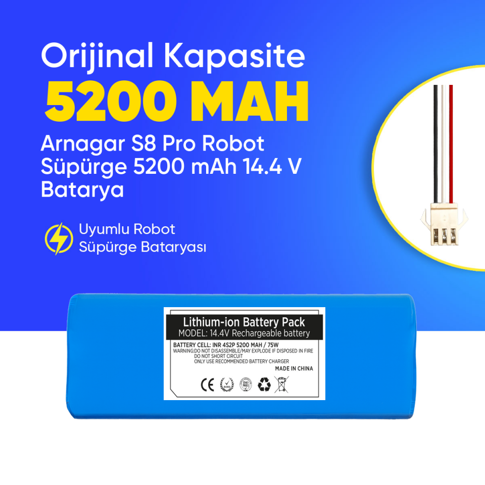 Arnagar S8 Pro Robot Süpürge 5200 mAh 14.4 V  Batarya – Orjinal Uyumlu Uzun Ömürlü, Yüksek Performans Pil