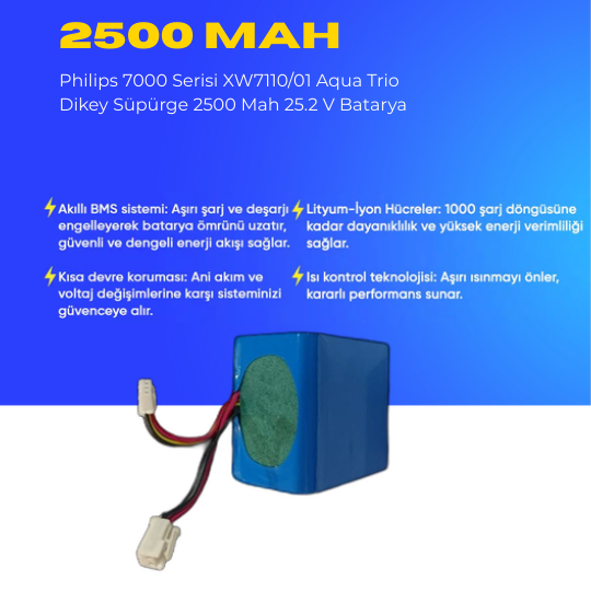 Philips 7000 Serisi XW7110/01 Aqua Trio Dikey Süpürge 2500 Mah 25.2 V Batarya – Orjinal Uyumlu Uzun Ömürlü, Maksimum Performans Pil
