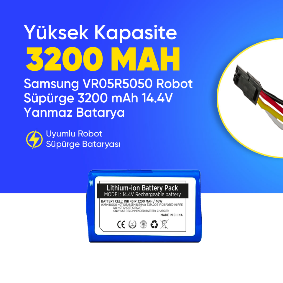 Samsung VR05R5050 Robot Süpürge 3200 mAh 14.4V Yanmaz Batarya – Orjinal Uyumlu Uzun Ömürlü, Yüksek Performans Pil