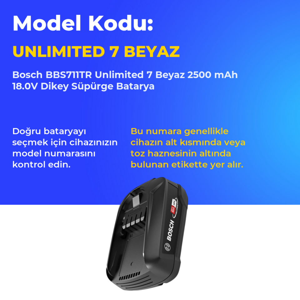 Bosch BBS711TR Unlimited 7 Beyaz 2500 mAh 18.0V Dikey Süpürge Batarya