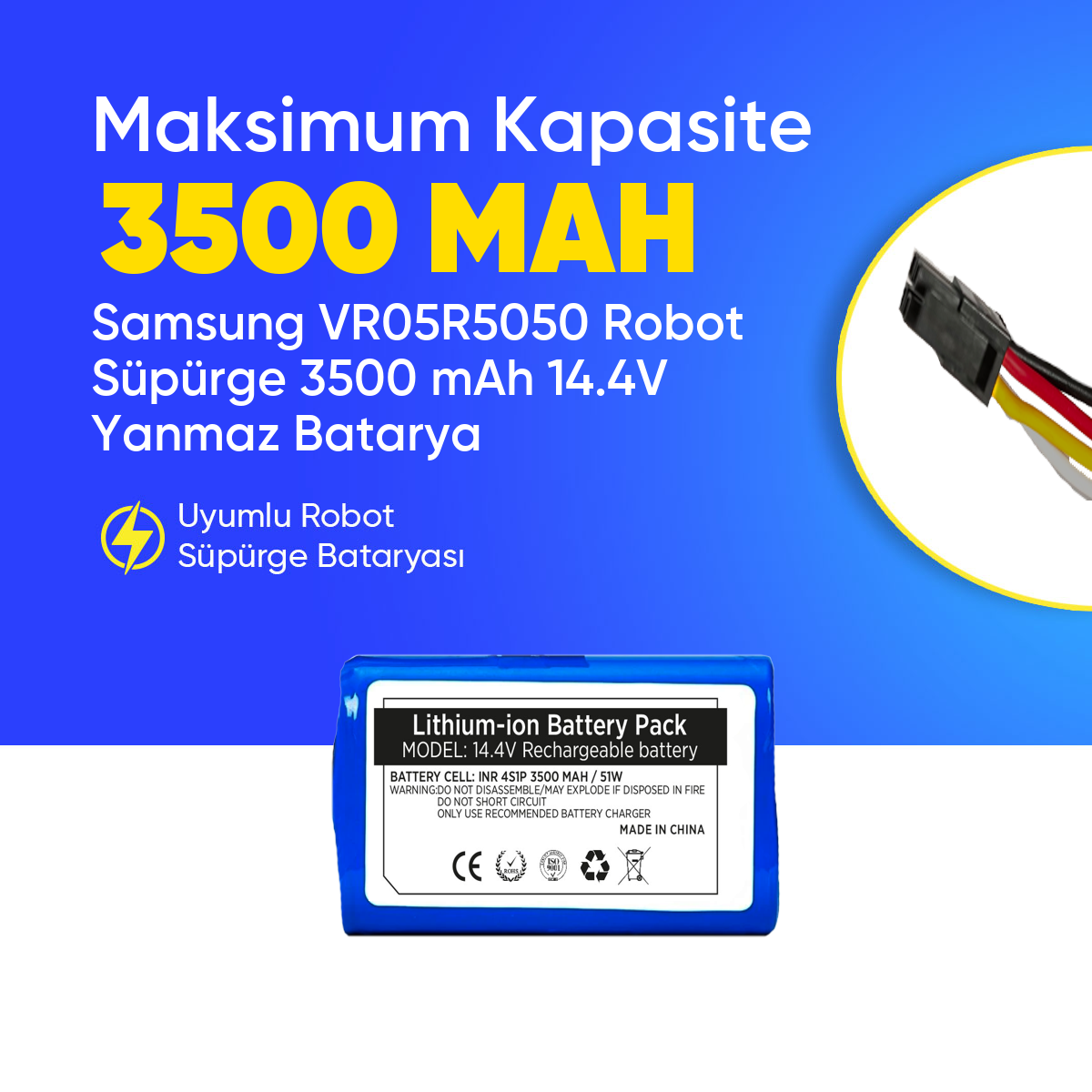 Samsung VR05R5050 Robot Süpürge 3500 mAh 14.4V Yanmaz Batarya – Orjinal Uyumlu Uzun Ömürlü, Yüksek Performans Pil