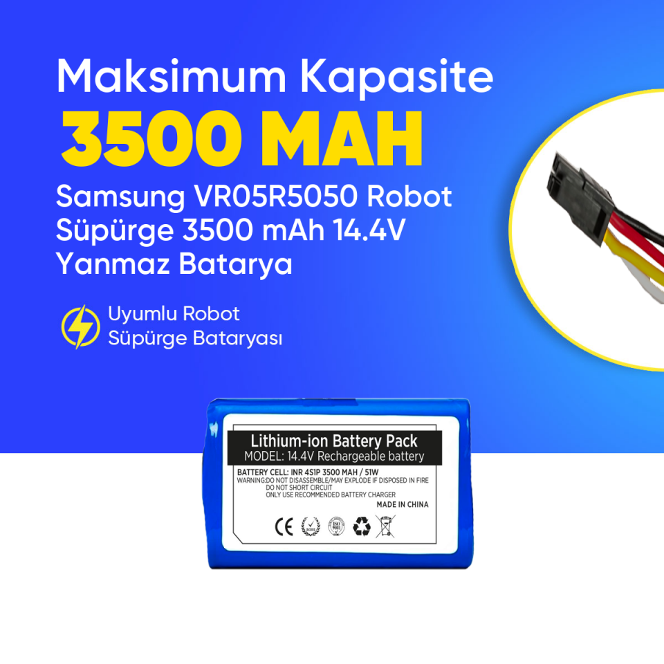 Samsung VR05R5050 Robot Süpürge 3500 mAh 14.4V Yanmaz Batarya – Orjinal Uyumlu Uzun Ömürlü, Yüksek Performans Pil