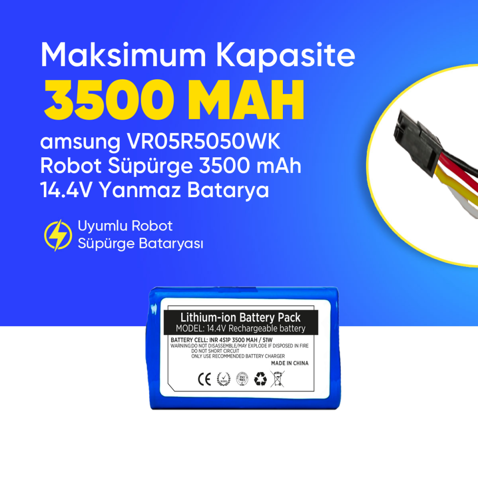 Samsung VR05R5050WK Robot Süpürge 3500 mAh 14.4V Yanmaz Batarya – Orjinal Uyumlu Uzun Ömürlü, Yüksek Performans Pil