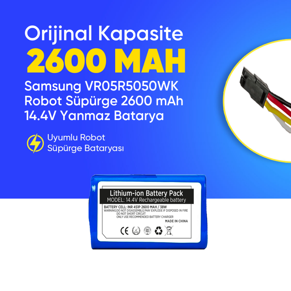 Samsung VR05R5050WK Robot Süpürge 2600 mAh 14.4V Yanmaz Batarya – Orjinal Uyumlu Uzun Ömürlü, Yüksek Performans Pil