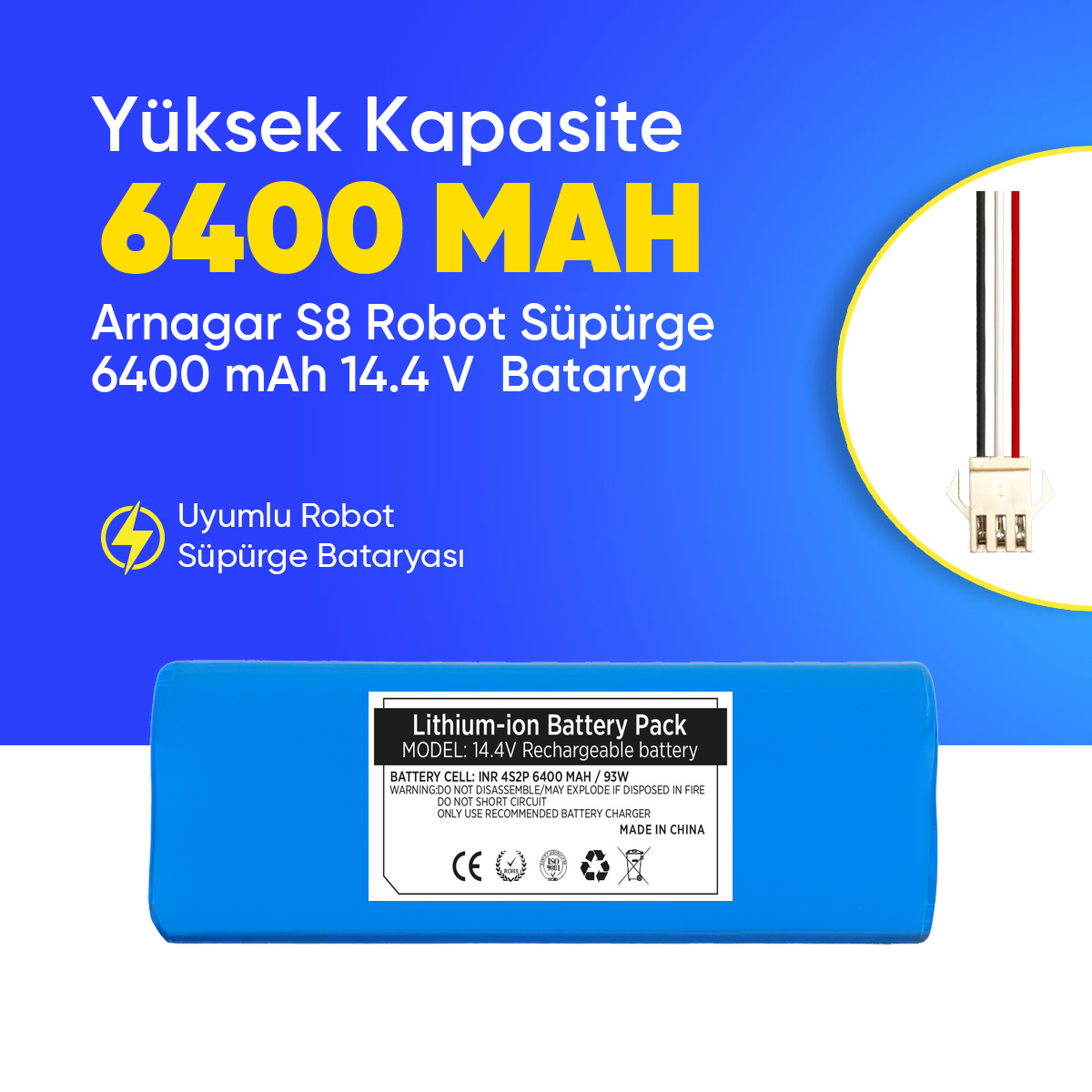Arnagar S8 Robot Süpürge 6400 mAh 14.4 V  Batarya – Orjinal Uyumlu Uzun Ömürlü, Yüksek Performans Pil