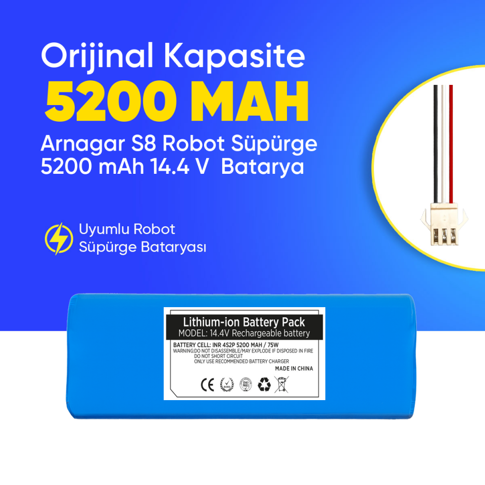 Arnagar S8 Robot Süpürge 5200 mAh 14.4 V  Batarya – Orjinal Uyumlu Uzun Ömürlü, Yüksek Performans Pil