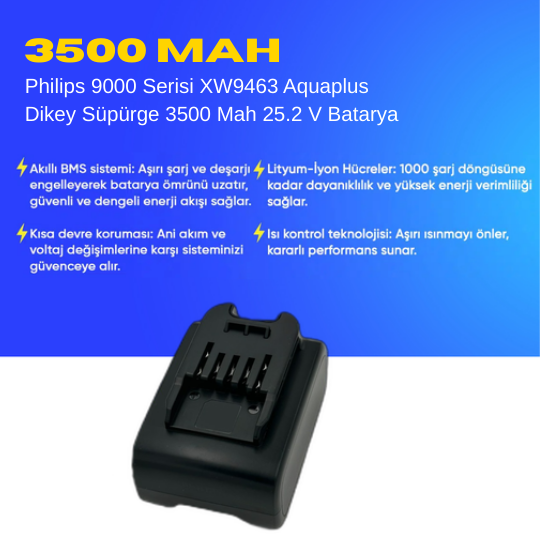 Philips 9000 Serisi XW9463 Aquaplus Dikey Süpürge 3500 Mah 25.2 V Batarya – Orjinal Uyumlu Uzun Ömürlü, Maksimum Performans Pil