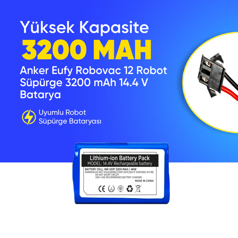 Anker Eufy Robovac 12 Robot Süpürge 3200 mAh 14.4 V  Batarya – Orjinal Uyumlu Uzun Ömürlü, Yüksek Performans Pil