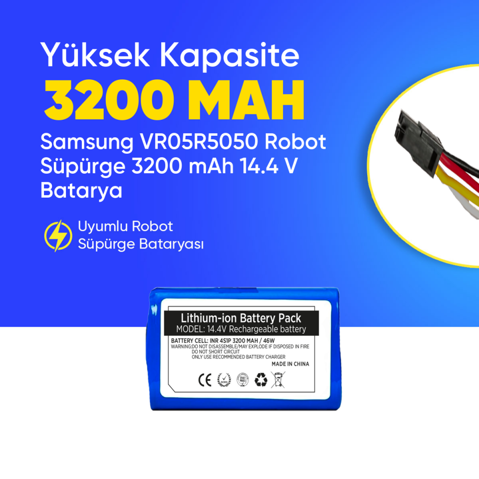 Samsung VR05R5050 Robot Süpürge 3200 mAh 14.4 V  Batarya – Orjinal Uyumlu Uzun Ömürlü, Yüksek Performans Pil
