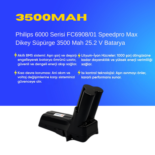 Philips 6000 Serisi FC6908/01 Speedpro Max Dikey Süpürge 3500 Mah 25.2 V Batarya – Orjinal Uyumlu Uzun Ömürlü, Maksimum Performans Pil