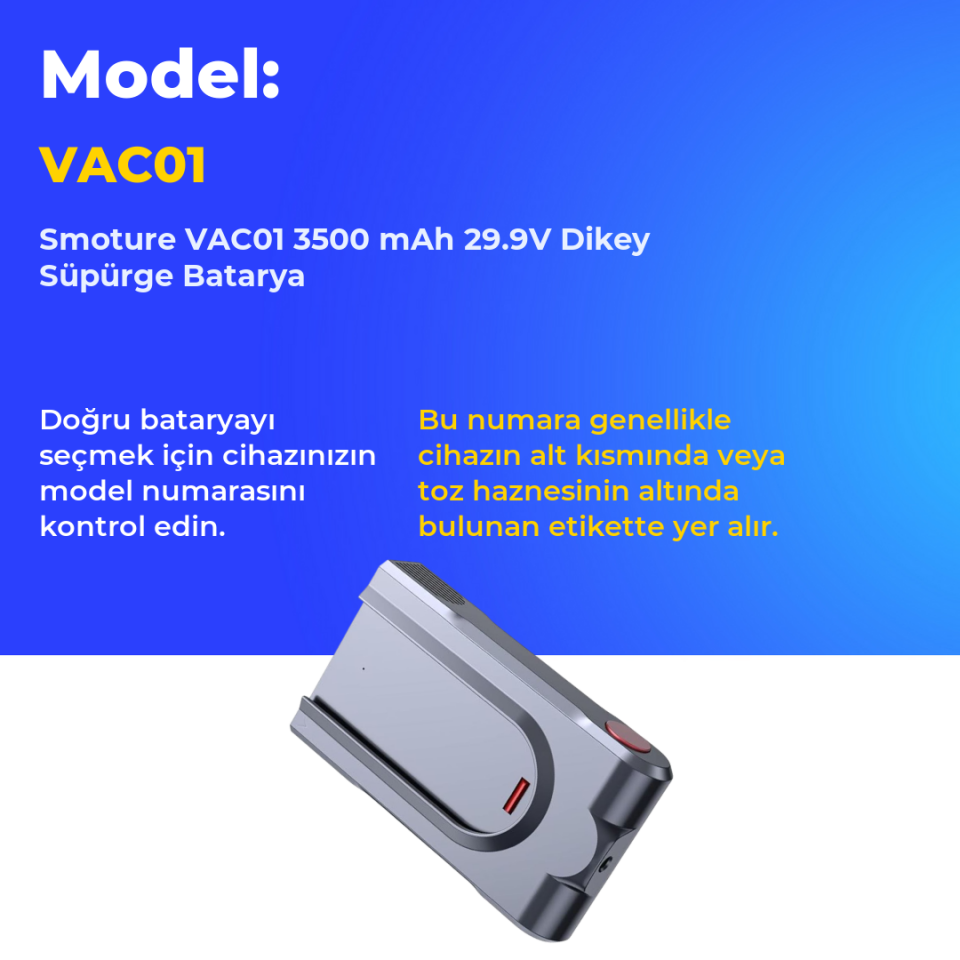 Smoture VAC01 3500 mAh 29.9V Dikey Süpürge Batarya